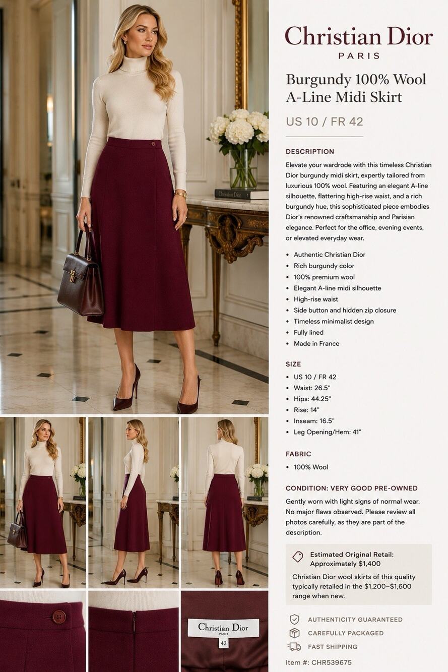 Christian Dior Burgundy 100% Wool A-Line MidiSkirt US 10 FR 42 | Orig. $1,400